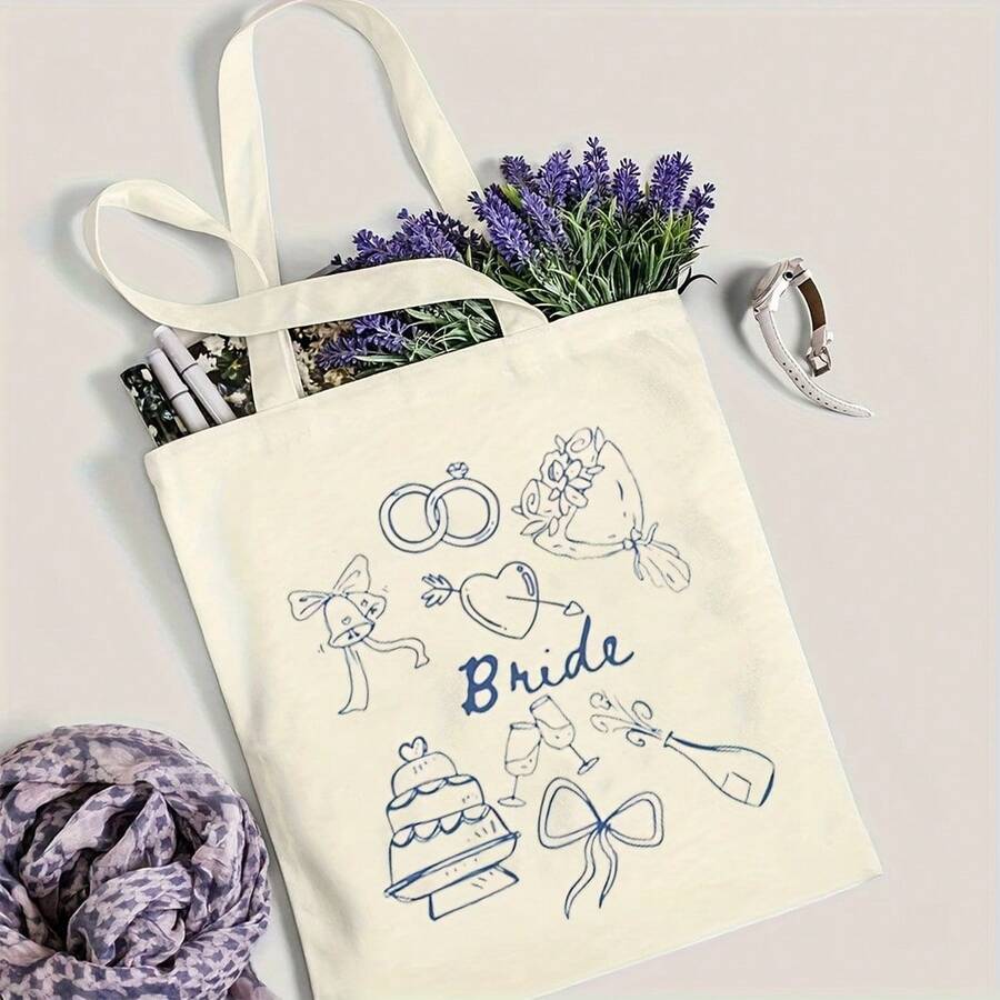 Un bolso de hombro multifuncional con diseño estampado azul de temática nupcial, sencillo, personalizado y elegante, adecuado para viajes, uso diario y como bolsa de compras reutilizable.Es - Blanco roto - Ver 1