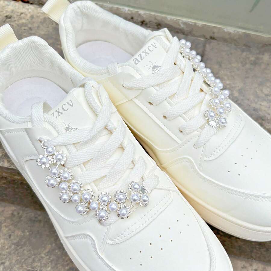 2pcs Silver Beaded Chain Accessories, Elegant Series White Sneakers Decoration, Flat Shoes Buckle, DIY Gift For Girlfriend - Silver - View 1