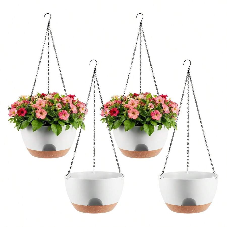 4pcs Mixed Plastic Hanging Planters, Includes 2pcs Plastic Planters + 2pcs Chains, For Indoor Plants, Indoor/Outdoor Hanging Flower Baskets, With Drainage Holes, Suitable For Garden, Porch And Other Flower Planting, Planting Tools, Container Accessories, Hanging Planters
