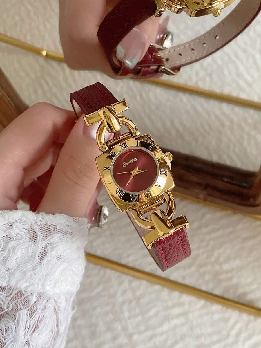 1件女款橢圓羅馬數字休閒優雅石英手錶,適合日常佩戴 - 紅色 - 查看 1