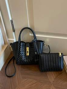 SHIMEINI 2pcs/Set New Fashion Woven Hollow Strap Decor Shoulder Handbag Crossbody Bag Suitable For Women's Daily Use, Work Commute, Vacation Travel, Holiday, Party, Shopping, Gift - Black - View 1