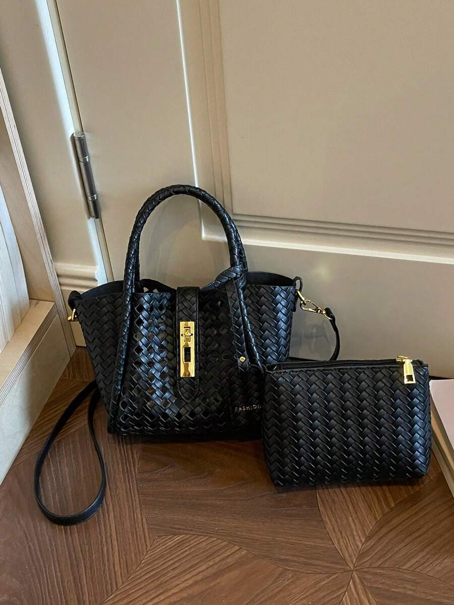 SHIMEINI 2pcs/Set New Fashion Woven Hollow Strap Decor Shoulder Handbag Crossbody Bag Suitable For Women's Daily Use, Work Commute, Vacation Travel, Holiday, Party, Shopping, Gift - Black - View 1