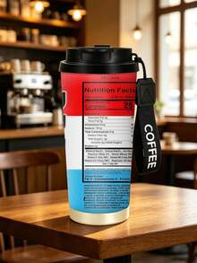 1pc/5pcs 500ml Fun Nutrition Label Theme Insulated Coffee Mug With Handle And Lid, Red White Blue Color Block Graphic Print With Vitamin Text Icons, Stainless Steel Reusable Cup, Suitable For Commute, Outdoor, Gift - Red and Blue - View 2