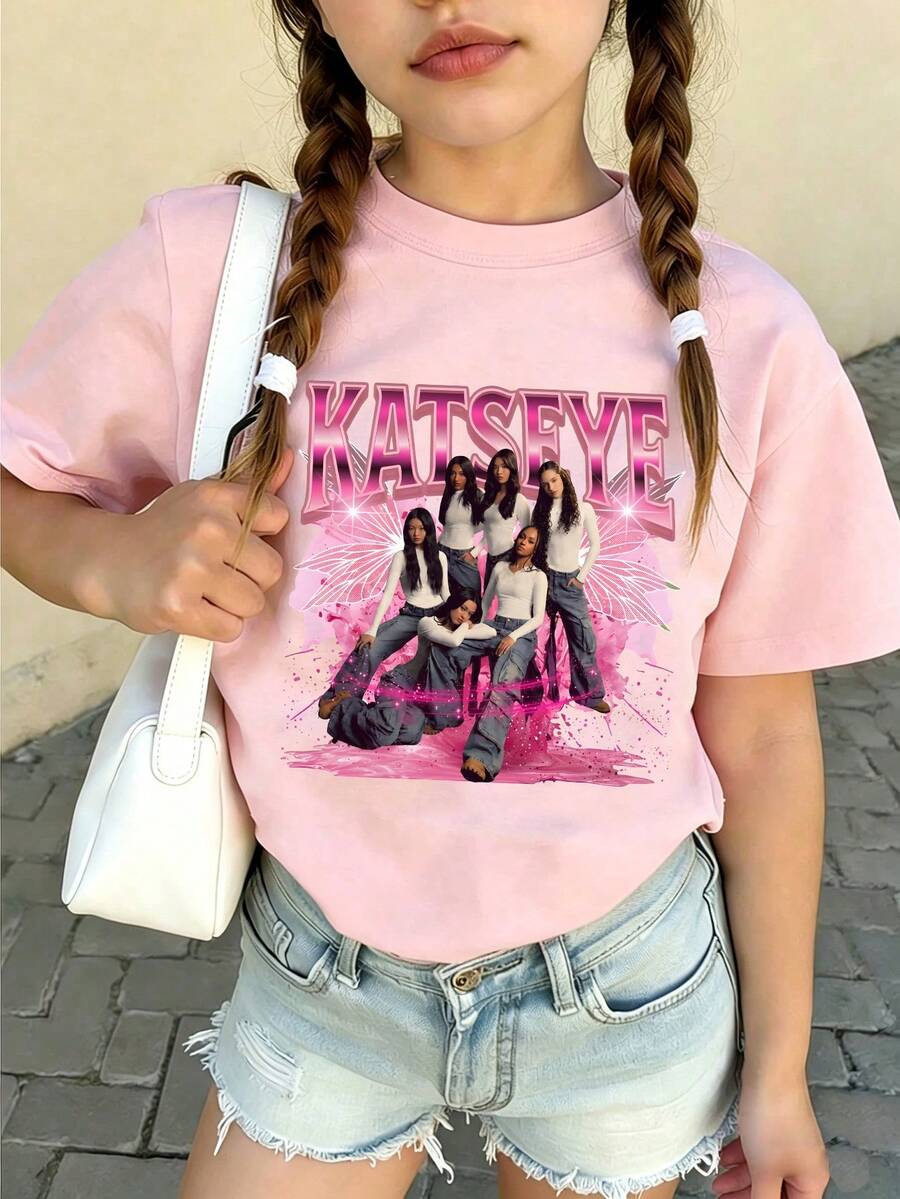 Tween Girl Casual Fun Print Crew Neck Pullover Short Sleeve T-Shirt Summer Top - Pink - View 1