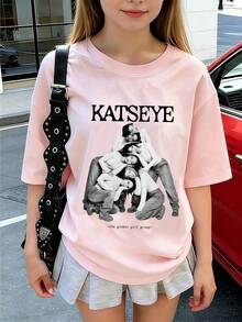 Tween Girls' Casual Funny Print Crew Neck Short Sleeve T-Shirt, Summer Top - Pink - View 3