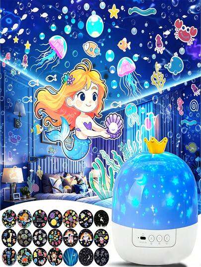 1pc Crown Starry Sky Projection Night Light With 21 Projection Films, USB Rechargeable Bedroom Ocean Dinosaur Mermaid Unicorn Pattern Projection Lamp, Colorful Rotating Star Moon Atmosphere Light, Suitable For Birthday, Christmas, Party