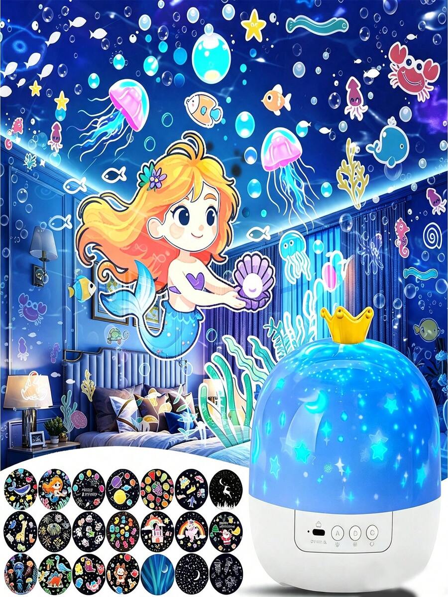 1pc Crown Starry Sky Projection Night Light With 21 Projection Films, USB Rechargeable Bedroom Ocean Dinosaur Mermaid Unicorn Pattern Projection Lamp, Colorful Rotating Star Moon Atmosphere Light, Suitable For Birthday, Christmas, Party