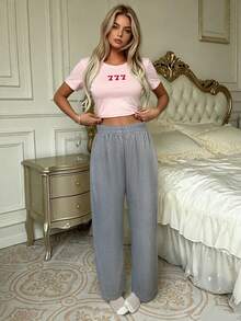 2pcs Women's Casual Minimalist Print Short Sleeve Top + Elastic Waist Straight Leg Pants Loungewear Set - Pink - View 2