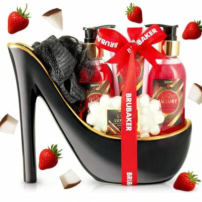 Luxuriöses Beauty-Set mit Blaubeer-Duft – 6-teiliges Bade- und Duschset – Geschenkset aus Keramik, Stiletto-Rot