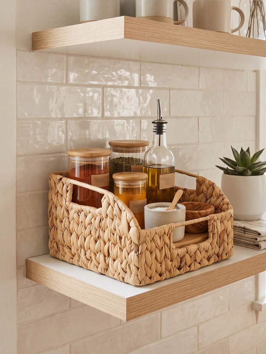 1 buah/2 buah Keranjang Penyimpanan Anyaman dengan Pegangan Terintegrasi, Keranjang Eceng Gondok untuk Rak, Kamar Tidur, Ruang Tamu, Asrama, Kamar Mandi & Dapur, Organizer Dekorasi Boho Rustic untuk Kosmetik, Camilan, Perhiasan & Aneka Barang