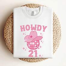 Camiseta de mujer con estampado unisex Y2K retro occidental "Howdy" para 21º cumpleaños, estampado gráfico de sombrero de vaquero rosa disco, camiseta casual. - Blanco - Ver 3