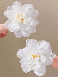 3pcs Girls White Faux Fabric Pleated Flower Hair Clips, Bangs Side Clips, Hair Accessories For Baby Girls, Beach Headwear, Daily Use - White - View 3