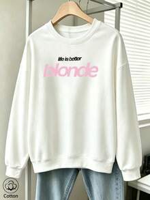 Women's Crew Neck Sweatshirt, Travel Pullover, Cotton Top, Women's Fall/Winter Basic Sweatshirt, English Print - White - View 11