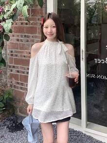 Women's Bowknot Polka Dot Halter Neck Blouse, Early Spring French Gentle Style, Design-Driven Niche Long Sleeve Top White - White - View 3