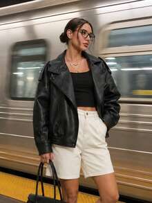Vintage Oversized High Neck Faux Leather Jacket For Women, Casual Street Style Autumn/Winter Outerwear Black Fall - Black - View 4