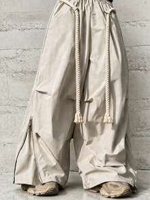 HEYKESON Men's Side Slit Zipper Cable Knit Drawstring Wide Leg Casual Cargo Pants - Khaki - View 2