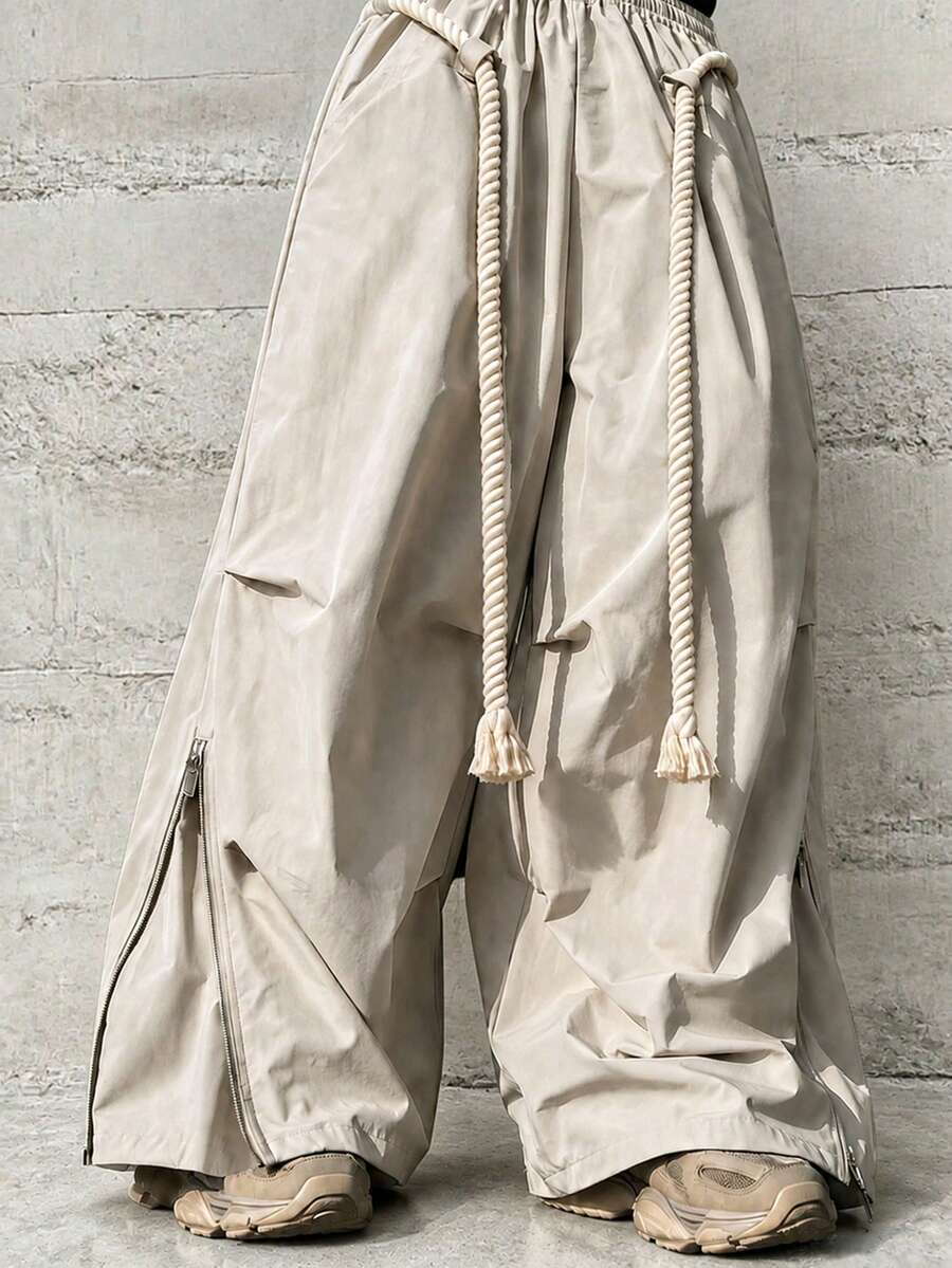HEYKESON Men's Side Slit Zipper Cable Knit Drawstring Wide Leg Casual Cargo Pants