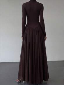 Women's Solid Color Knit Long Sleeve Patchwork Chiffon A-Line Sexy Elegant Vacation Autumn/Winter Dress - Brown - View 5