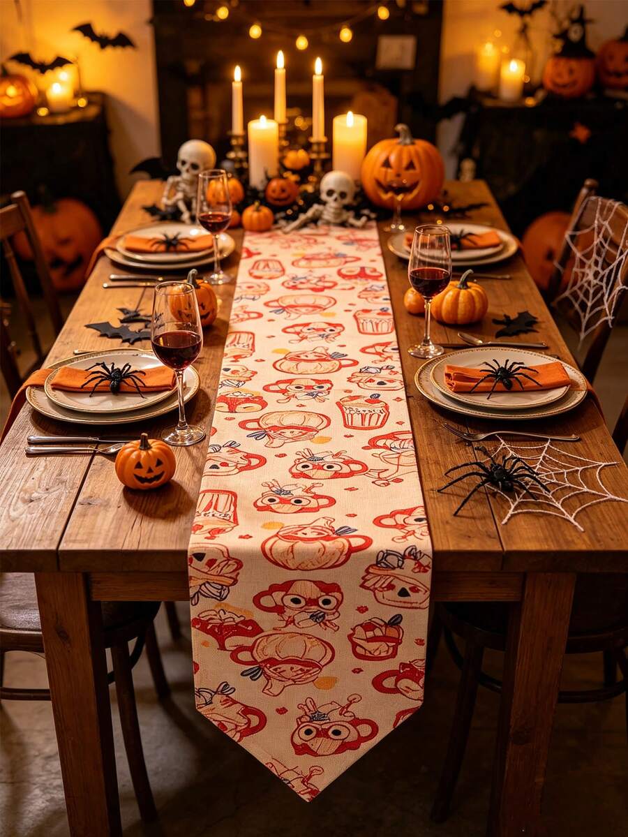 Camino de mesa de Acción de Gracias de otoño, mantel de taza de café con animales de dibujos animados lindos, decoración de mesa de estilo granja de cosecha de Acción de Gracias, decoración de fiesta de Halloween, decoración de cena de vacaciones de temporada, reunión familiar, decoración de cocina, tela reutilizable y lavable - Varios estilos - Ver 1