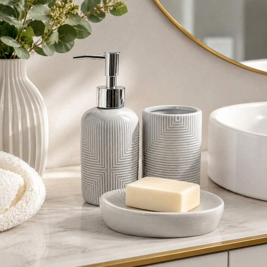 3-Piece Grey Ceramic Bathroom Accessory Set With Soap Dispenser, Toothbrush Holder And Soap Dish, Modern Geometric Relief Design - 白色 - 查看 1
