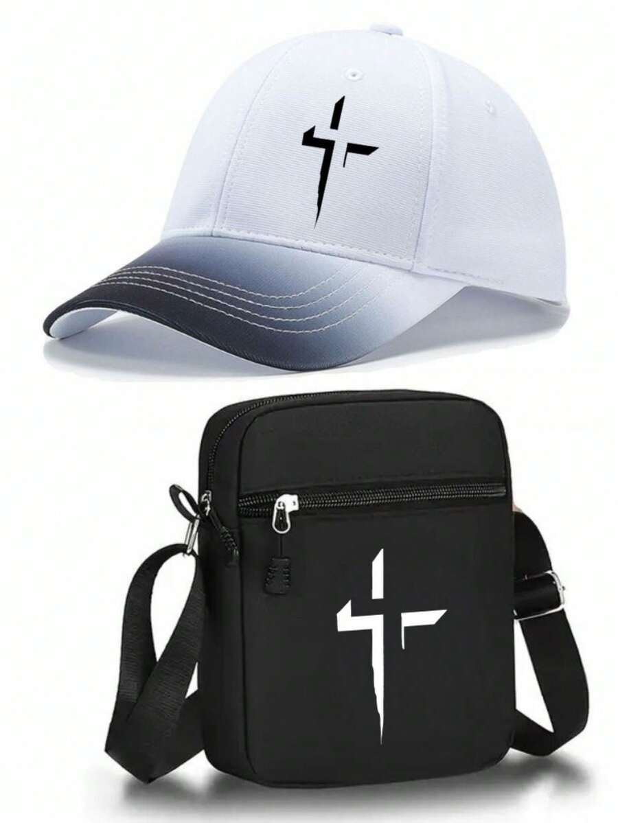 Christian Cross Pattern Printed Baseball Cap & Crossbody Bag Set, Faith Street Style Minimalist Religious Accessory, Unisex, Inspirational Gift - Multicolor - View 1