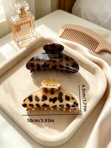 2pcs Leopard Print Resin Hair Claw Clips, Vintage Non-Slip Large Strong Hair Clips For Women Y2K Hair Accessories - Brown - View 3
