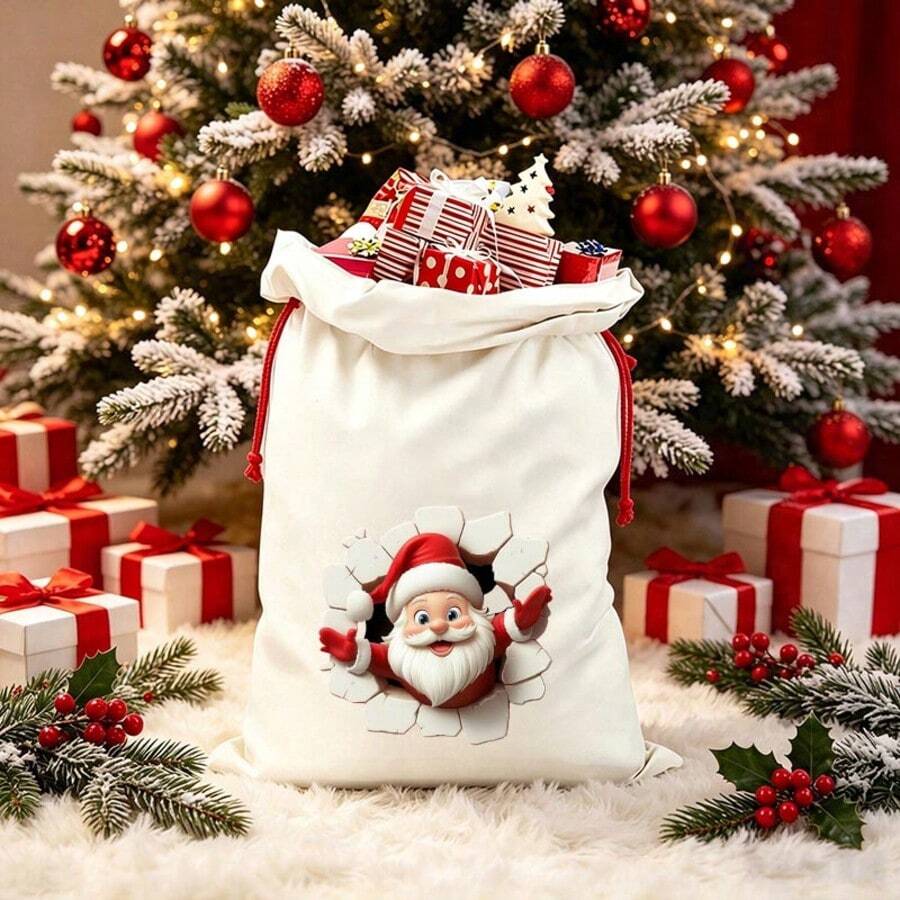 Christmas Drawstring Gift Bag, 3D Wall-Breaking Santa Claus Print Linen Gift Bag, Holiday Theme Drawstring Bag, Suitable For Christmas Gift Packaging And Holiday Scene Decoration - Off-white - View 1
