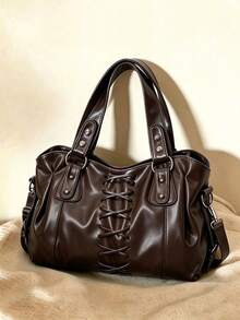 時尚人造皮革大容量手提托特包 通勤單肩斜跨女包，適合外出、購物、旅行 - 咖啡 - 查看 13