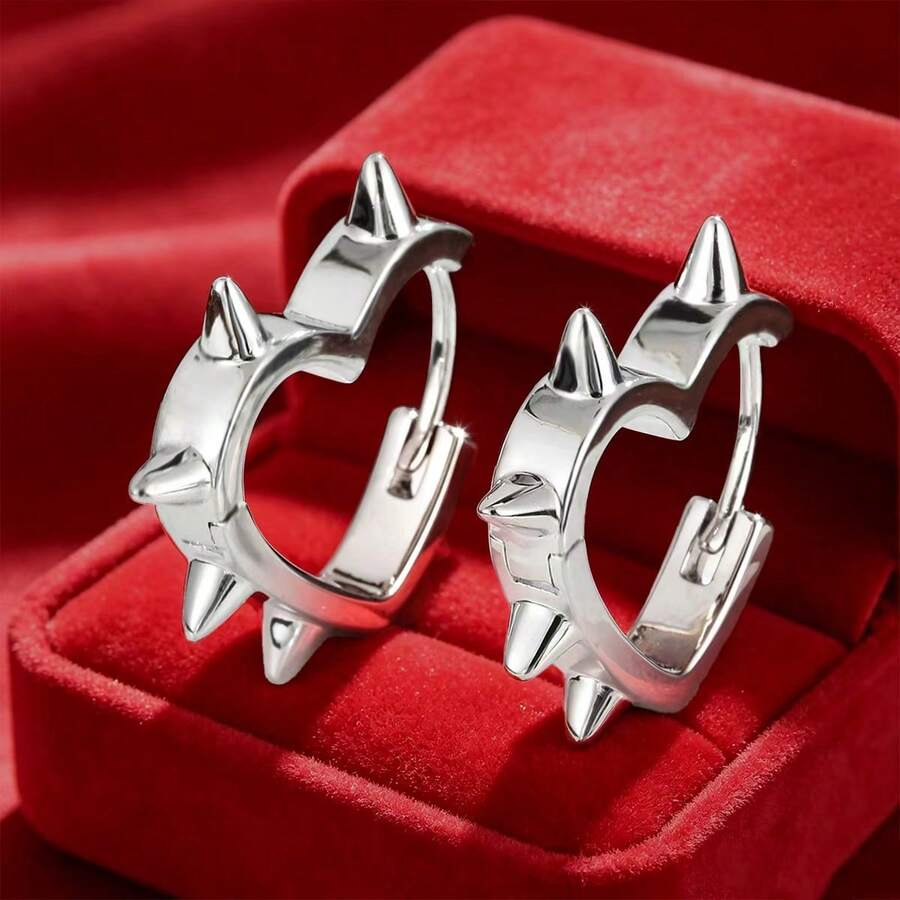 1 Pair Fashionable Heart-Shaped Rivet Design Personalized Earrings, Couple Gift - Silver - View 1
