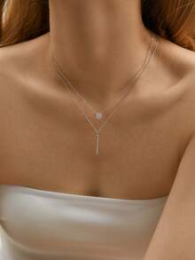 1pc 925 Sterling Silver Double-Layer Necklace, Shiny Round Pendant, Elegant Wedding Jewelry Gift For Women - Silver - View 5