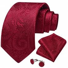 5Pcs Men Red Paisley Jacquard Tie Pocket Square Detachable Gold Chain Cufflinks Ring Set, Cufflinks Random Pattern, Wedding Formal Suit Accessor - Red - View 3