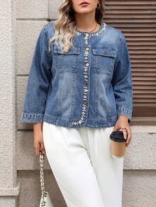 Women's Light Blue Round Neck Beaded Casual Plus Size Denim Jacket - Light Wash - View 4