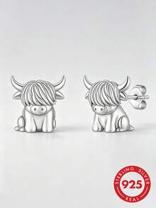 HuooNew 1件 S925 純銀可愛高地牛耳釘，復古 3D 動物設計，極簡銀色耳飾配件 - 銀色 - 查看 1