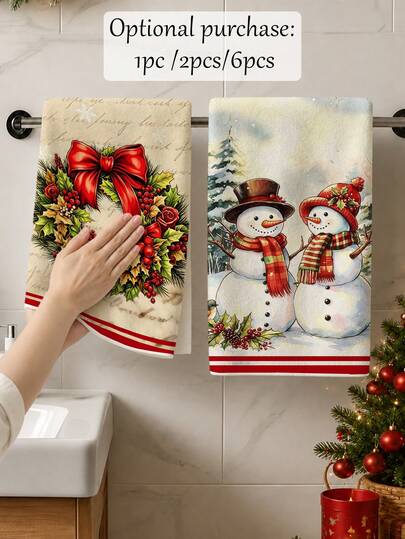 1pc/2pcs/6pcs Christmas Theme Towels, Wreath, House, Snowman, Christmas Tree, Reindeer Print Design Hand Towels, Soft Absorbent Lint-Free Kitchen Bathroom Decorative Towels, Holiday Atmosphere Decor