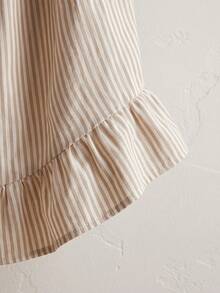 1pc Olive Green & White Fine Striped Table Skirt, Natural Fresh Style Fabric Material, Rectangular Bottom With Ruffle Edge And Pleated Details, Storage Concealment And Decorative Beautification Function, Suitable For Shelf Cover And Pastoral Home Decor - Apricot - View 5