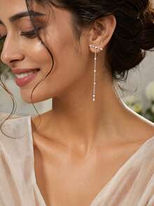 outingfit 1 Pair Minimalist Tassel Rhinestone Water Drop Pendant Stud Earrings, Niche High-End Fashion Micro-Inlaid Rhinestone Earrings, Suitable For Women's Daily Versatile Accessory - Silver - View 2
