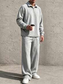 HEYKESON Men's Half-Zip Polo Collar Sweatshirt & Wide Leg Sweatpants 2 Pieces Set - Light Grey - View 3