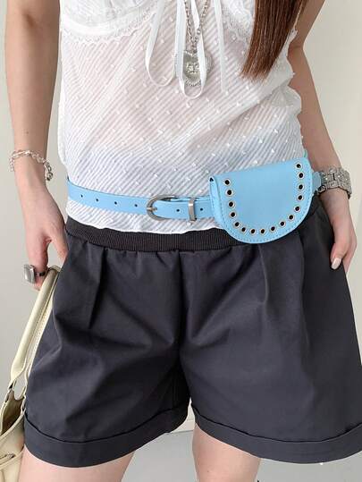 1pc Blue Women's PU Material Personalized Rivet Waist Bag Decorative Niche Belt