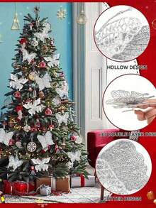 12pcs/3pcs Christmas Tree Butterfly Decorations - 3D Double Layer Shiny Hollow Butterflies, Available In 3 Sizes; Suitable For Christmas Tree, DIY Wreath Making And Holiday Shiny Wall Decor - Multicolor - View 10