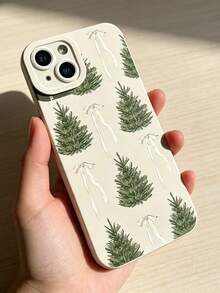 1pc Sweet Girl Style Christmas Theme Phone Case, Light White Background, Green Christmas Tree Pattern, White Ribbon Print Design, Soft TPU Material, Lightweight Protective Phone Case, Suitable For IPhone18 18Pro 18Promax 17 17Pro 17Promax 16 16Promax 15 14 13 12 11 And Other Models, Suitable For Daily Use And Christmas Party Occasions - Beige - View 4