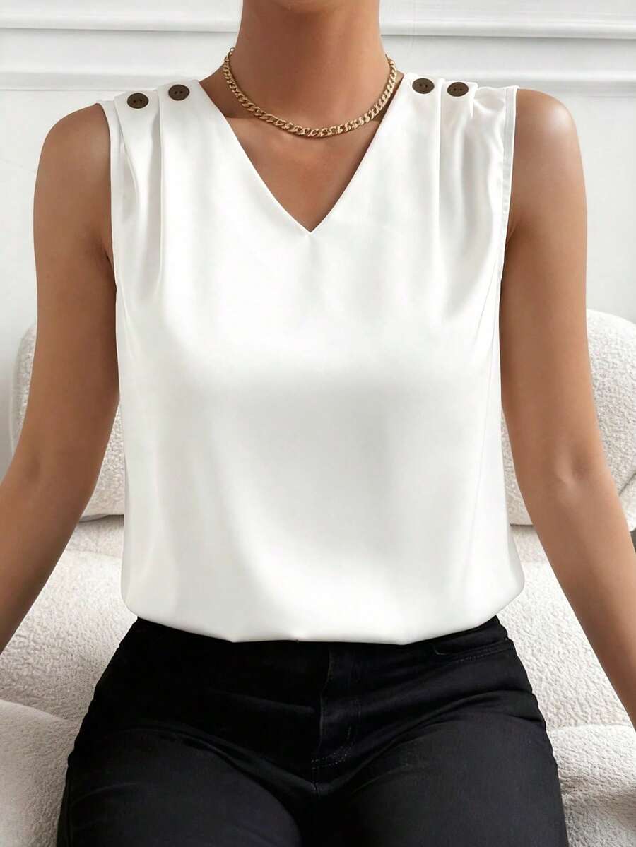 ELVA 女款純色無袖襯衫,時尚浪漫優雅休閒日常辦公商務穿搭,夏季簡約時尚鈕扣飾品,適合女性度假、沙灘罩衫、辦公服裝、鄉村音樂節,白色 - 白色 - 查看 1