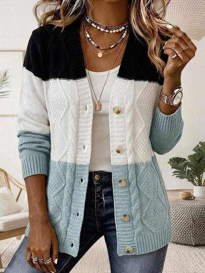 Casual Fashion Autumn/Winter Patchwork Contrast Color Cable Knit Cardigan Sweater Jacket Women Mid-Length White Fall