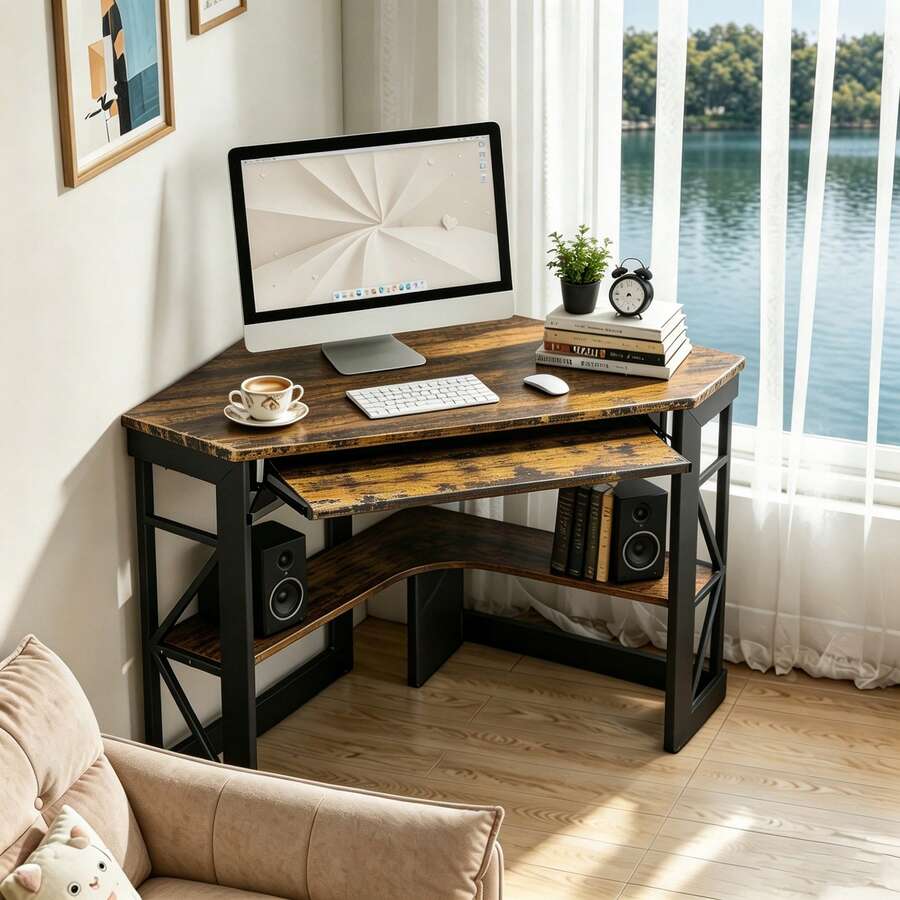 VECELO Corner Computer Desk With Smooth Keyboard & Storage Shelves For Home Office Workstation - Maroon - View 1