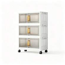 Armário Organizador Multiuso Dobrável 3 Andares Largura 38cm Cor Branco Creme, Portas Semitransparentes Fumê, Travas Laterais Empilháveis, Rodinhas Giratórias 360° com Sistema de Trava, Armazenamento à Prova de Poeira, Ideal para Roupas, Cosméticos, Brinquedos, Utensílios Domésticos, Livros,Quarto,  Cozinha e Sala - Visão 5