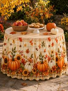 1pc Plaid Pumpkin Floral Table Skirt, Country Style Polyester Rectangular Table Skirt With Lace Wavy Hem, Sunflower And Maple Leaf Print, Suitable For Thanksgiving, Kitchen Dining Room, Autumn Decor, Wedding Decor, Kitchen Decor, Home Decor - Multicolor - View 6