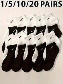 1/5/10/20 Pairs Women's Black & White Minimalist Versatile Short Socks, Loose Fit Couple Socks, Soft Comfortable Sports Socks - Black and White - View 10