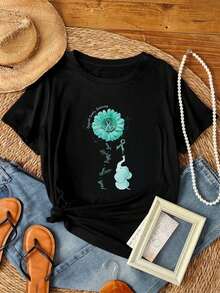 Camiseta de mujer con estampado unisex, cinta verde azulado, conciencia sobre el cáncer de ovario, margarita, elefante, fe, esperanza, amor, estampado gráfico, camiseta casual. - Negro - Ver 1