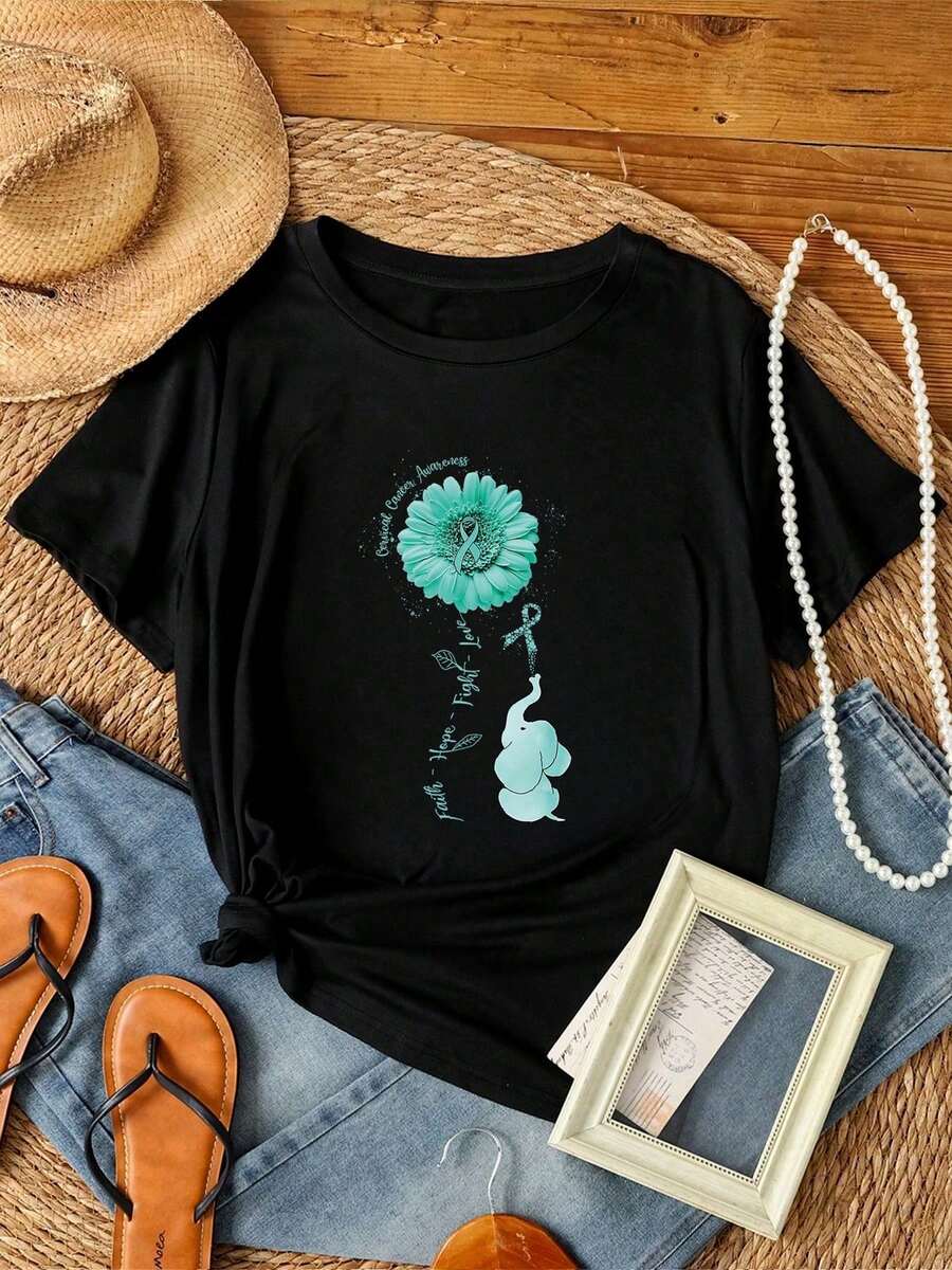 Camiseta de mujer con estampado unisex, cinta verde azulado, conciencia sobre el cáncer de ovario, margarita, elefante, fe, esperanza, amor, estampado gráfico, camiseta casual. - Negro - Ver 1