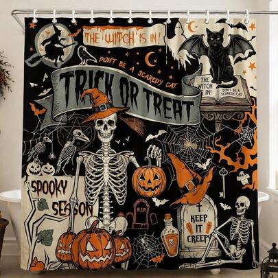 Halloween Shower Curtain For Bathroom, Vintage Skull Pumpkin Witch Curtain With 12 Hooks, Scary Bat Cat Curtains For Restroom Window Home Indoor Decorations 71'' X 71''