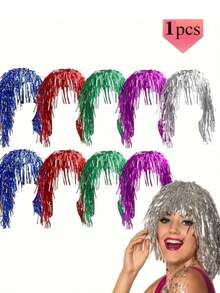 6/1pc Metallic Glitter Wig, Shiny Plastic Party Wig, Suitable For Cosplay And Birthday Party, No Feathers, No Electricity Required, Multiple Colors In Stock - Multiple Styles - View 2